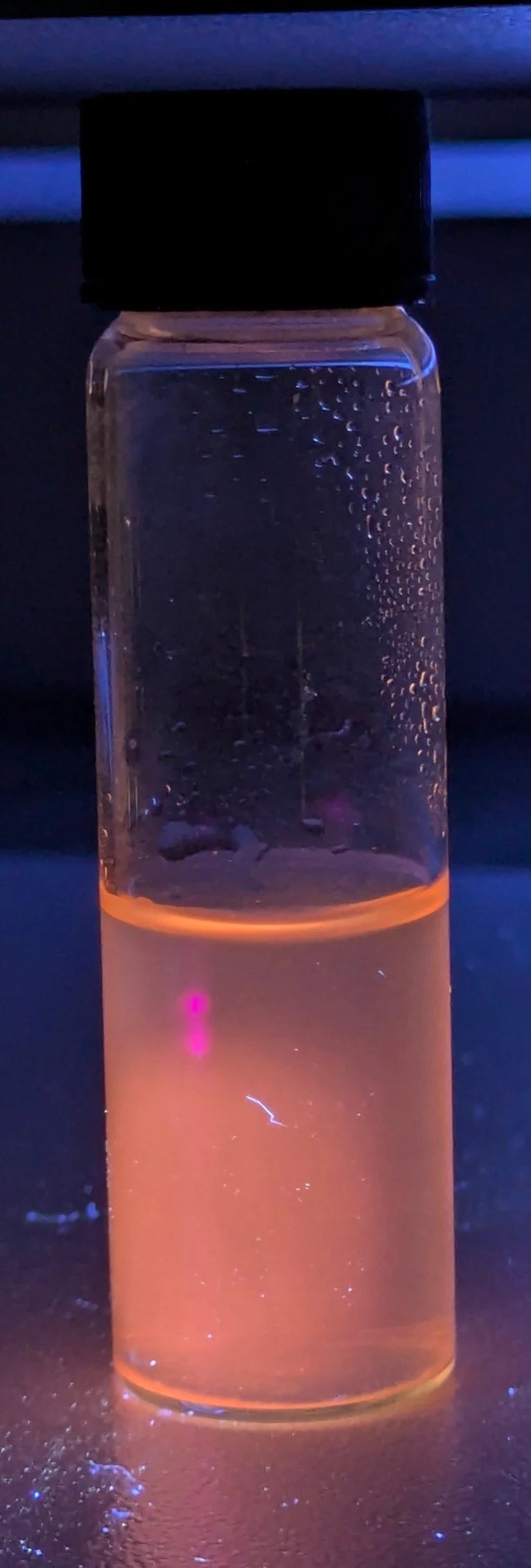 Vial of Grove Gold-L-Cysteine Fluorescent Red fluorescing red under UV light